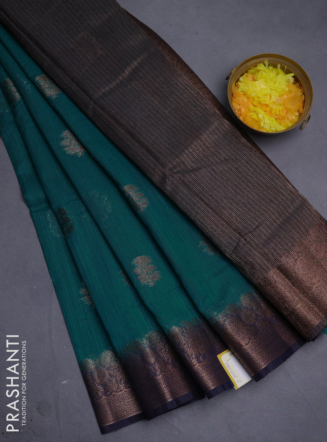 Banarasi semi matka saree teal green and navy blue with thread & zari woven floral buttas and banarastyle border