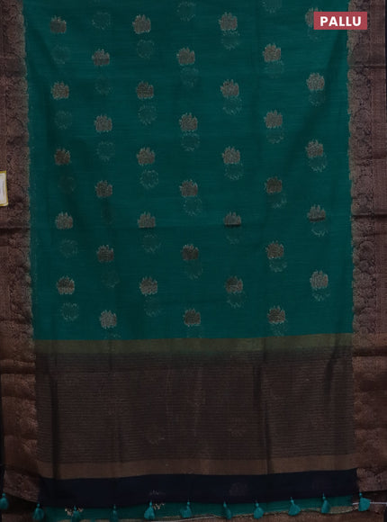 Banarasi semi matka saree teal green and navy blue with thread & zari woven floral buttas and banarastyle border