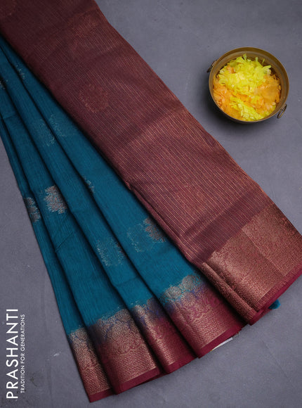 Banarasi semi matka saree teal blue shade and wine shade with thread & zari woven floral buttas and banarastyle border