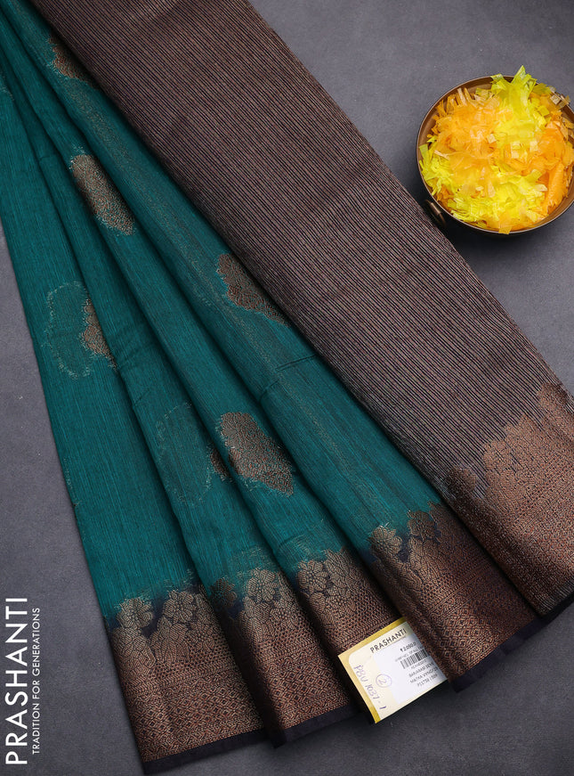 Banarasi semi matka saree teal green and navy blue with thread & zari woven floral buttas and banarastyle border