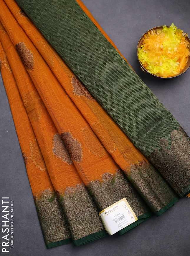 Banarasi semi matka saree mustard yellow and green with thread & zari woven floral buttas and banarastyle border