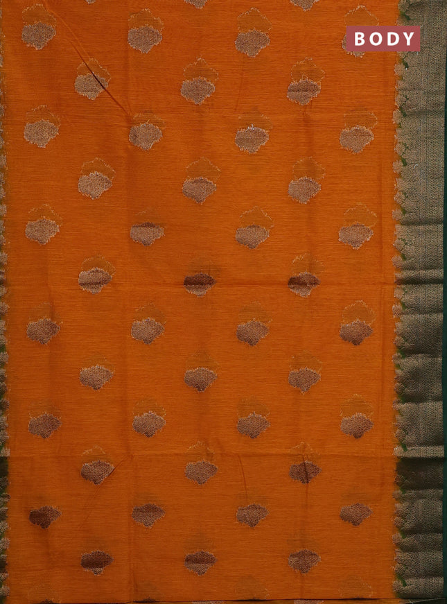 Banarasi semi matka saree mustard yellow and green with thread & zari woven floral buttas and banarastyle border