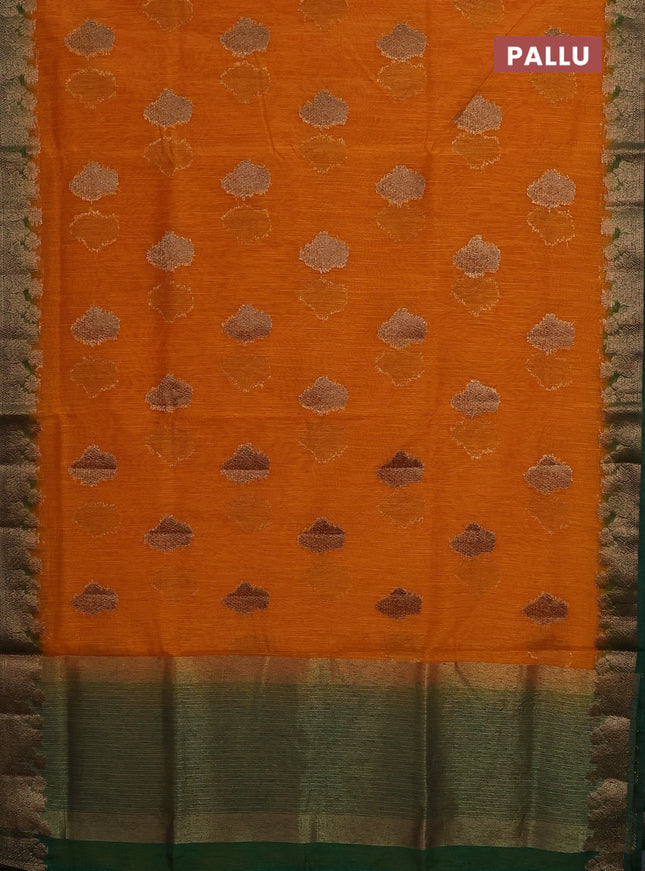 Banarasi semi matka saree mustard yellow and green with thread & zari woven floral buttas and banarastyle border