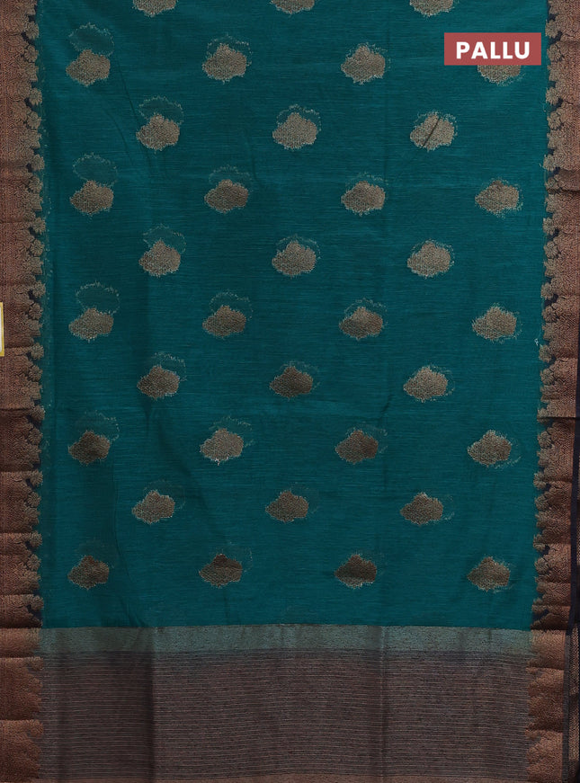 Banarasi semi matka saree teal green and navy blue with thread & zari woven floral buttas and banarastyle border