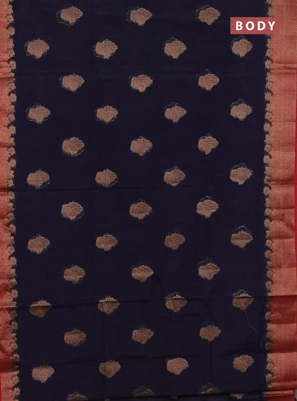 Banarasi semi matka saree navy blue and red with thread & zari woven floral buttas and banarastyle border