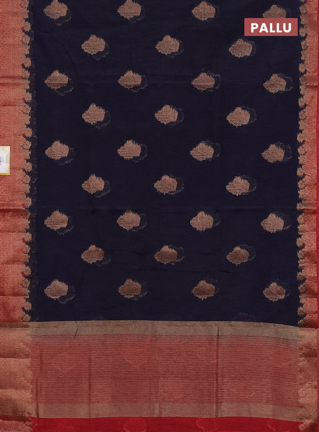 Banarasi semi matka saree navy blue and red with thread & zari woven floral buttas and banarastyle border