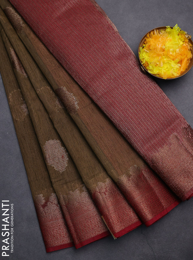 Banarasi semi matka saree military green and maroon with thread & zari woven floral buttas and banarastyle border