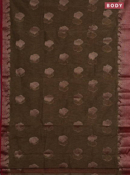 Banarasi semi matka saree military green and maroon with thread & zari woven floral buttas and banarastyle border