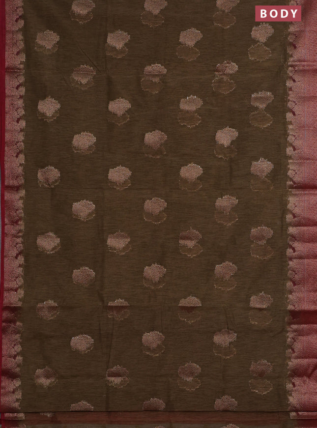 Banarasi semi matka saree military green and maroon with thread & zari woven floral buttas and banarastyle border