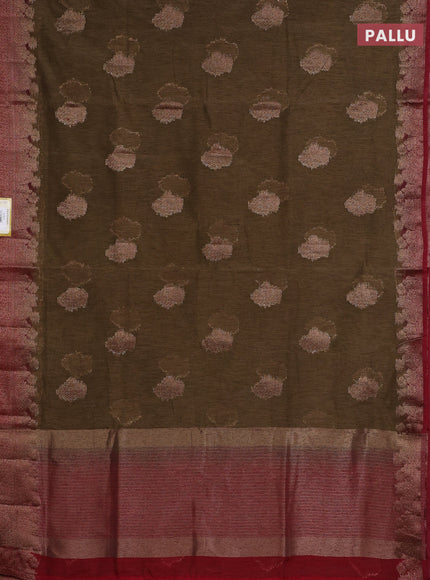 Banarasi semi matka saree military green and maroon with thread & zari woven floral buttas and banarastyle border