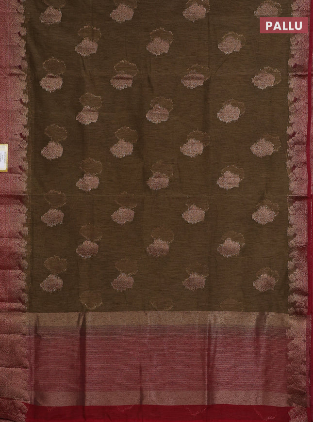 Banarasi semi matka saree military green and maroon with thread & zari woven floral buttas and banarastyle border