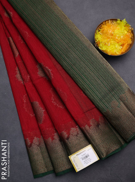 Banarasi semi matka saree red and green with thread & zari woven floral buttas and banarastyle border