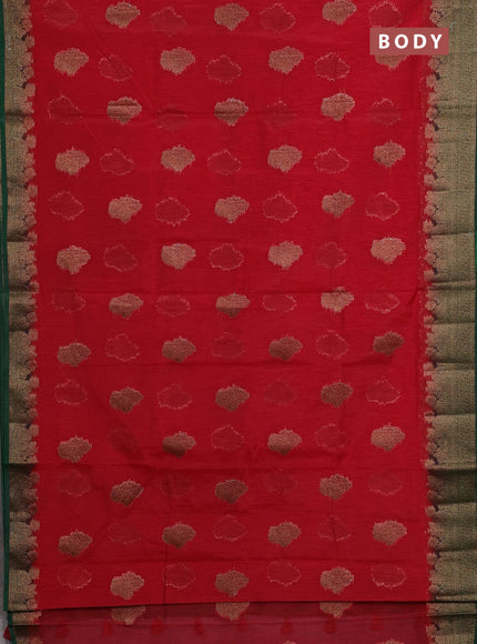 Banarasi semi matka saree red and green with thread & zari woven floral buttas and banarastyle border