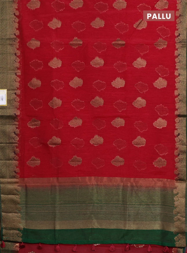 Banarasi semi matka saree red and green with thread & zari woven floral buttas and banarastyle border