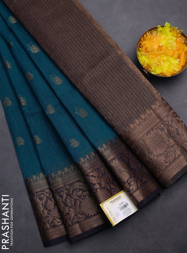 Banarasi semi matka saree teal green shade and navy blue with thread & zari woven buttas and banarastyle border
