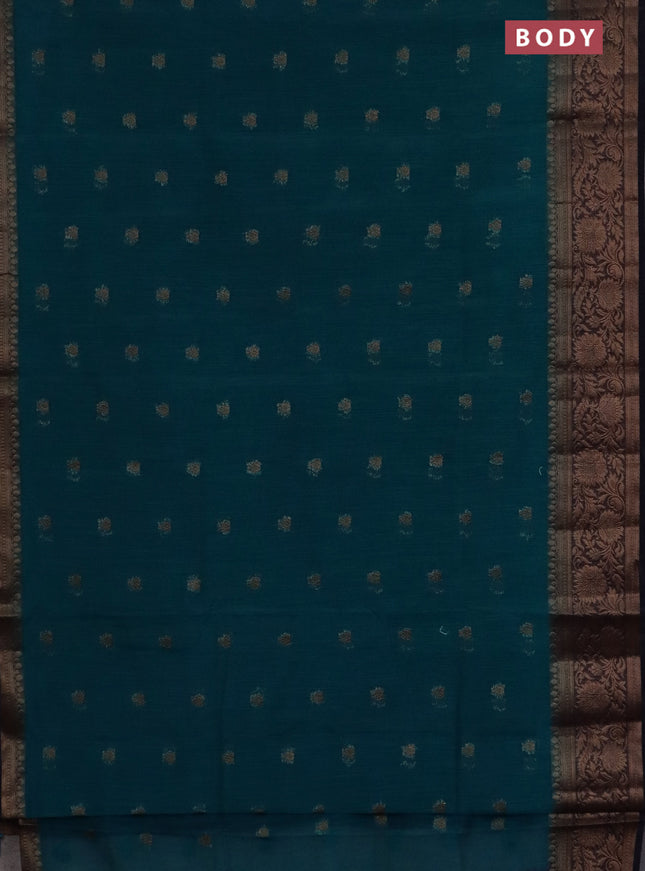 Banarasi semi matka saree teal green shade and navy blue with thread & zari woven buttas and banarastyle border