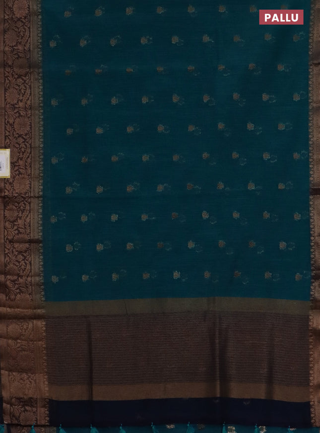 Banarasi semi matka saree teal green shade and navy blue with thread & zari woven buttas and banarastyle border