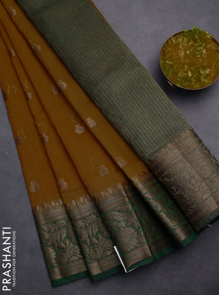 Banarasi semi matka saree mustard yellow and green with thread & zari woven buttas and banarastyle border