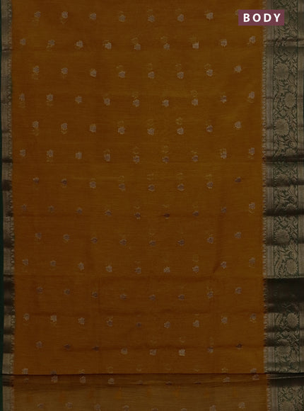Banarasi semi matka saree mustard yellow and green with thread & zari woven buttas and banarastyle border