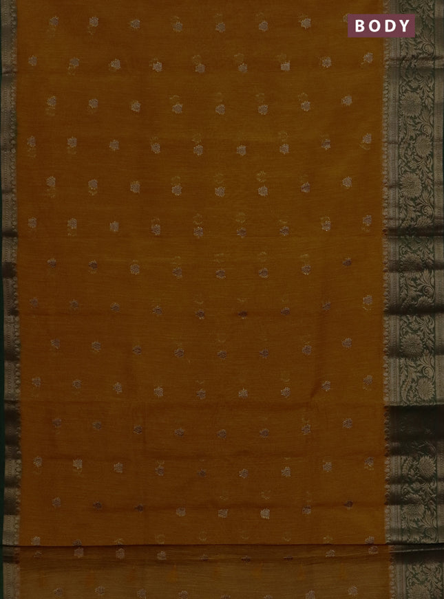 Banarasi semi matka saree mustard yellow and green with thread & zari woven buttas and banarastyle border