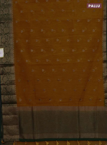 Banarasi semi matka saree mustard yellow and green with thread & zari woven buttas and banarastyle border