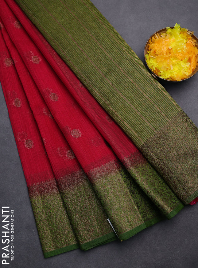 Banarasi semi matka saree pink and mehendi green with thread & zari woven buttas and banarastyle border