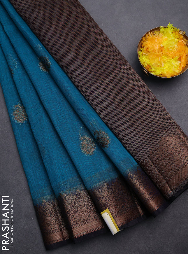 Banarasi semi matka saree teal blue shade and navy blue with thread & zari woven buttas and banarastyle border