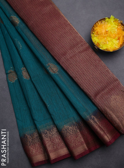 Banarasi semi matka saree teal green and wine shade with thread & zari woven buttas and banarastyle border