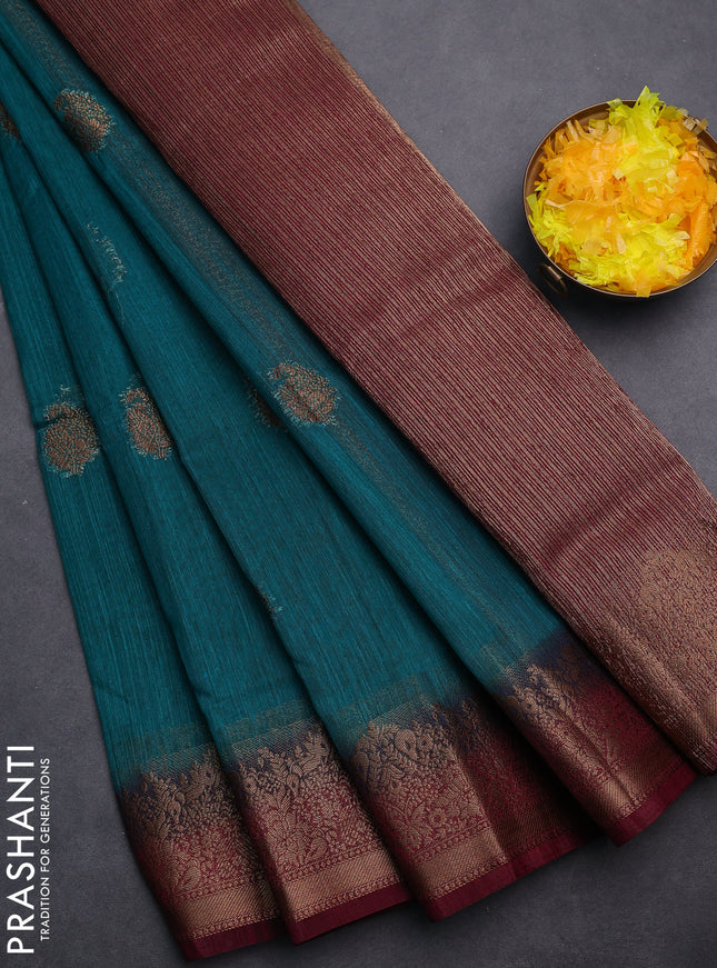 Banarasi semi matka saree teal green and wine shade with thread & zari woven buttas and banarastyle border
