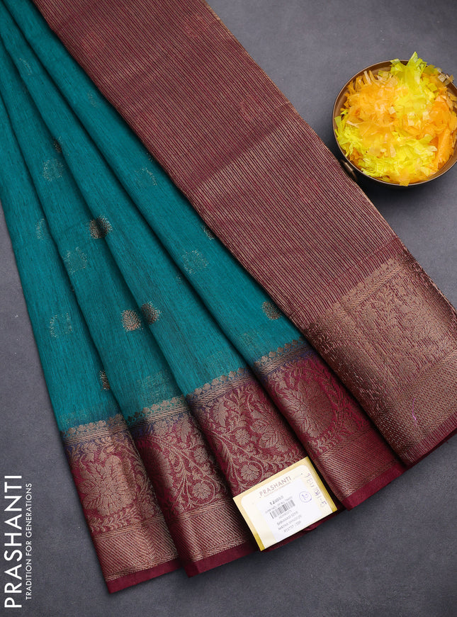 Banarasi semi matka saree teal green and wine shade with thread & zari woven buttas and banarastyle border