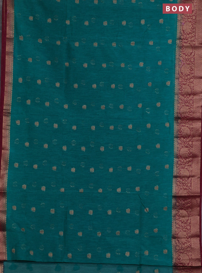 Banarasi semi matka saree teal green and wine shade with thread & zari woven buttas and banarastyle border