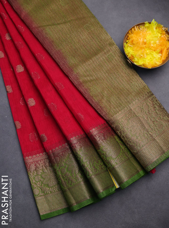 Banarasi semi matka saree pink and mehendi green with thread & zari woven buttas and banarastyle border