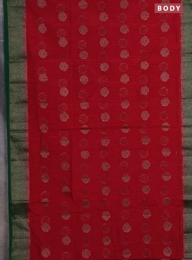 Banarasi semi matka saree red and green with thread & zari woven buttas and banarasi style border