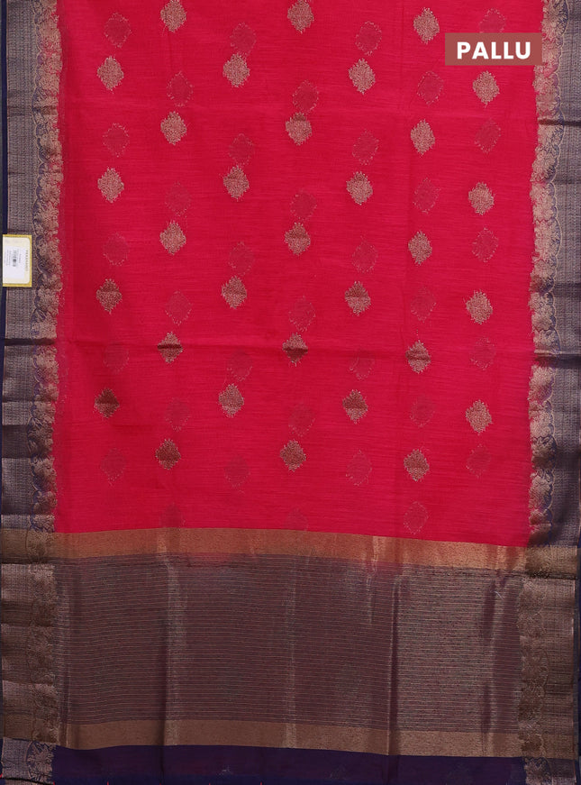 Banarasi semi matka saree pink and navy blue with thread & zari woven buttas and banarasi style border