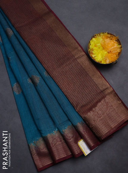 Banarasi semi matka saree teal blue shade and wine shade with thread & zari woven buttas and banarasi style border