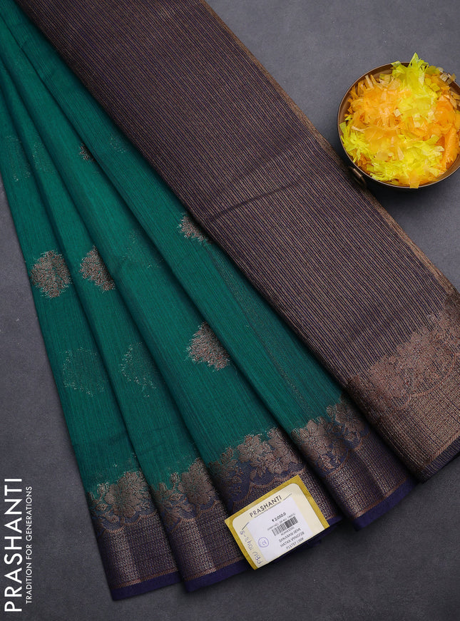 Banarasi semi matka saree teal green and navy blue with thread & zari woven buttas and banarasi style border