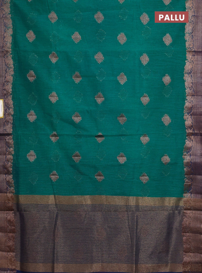 Banarasi semi matka saree teal green and navy blue with thread & zari woven buttas and banarasi style border