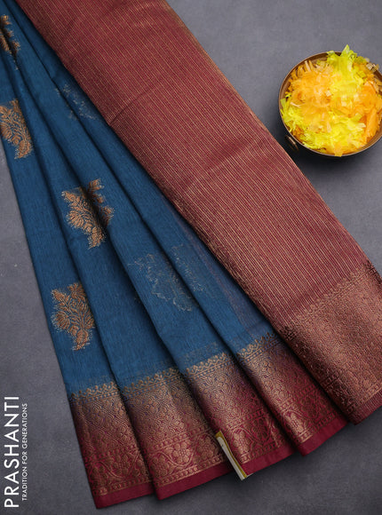 Banarasi semi matka saree peacock blue and dark magenta with thread & zari woven buttas and banarasi style border
