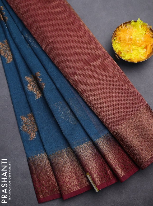 Banarasi semi matka saree peacock blue and dark magenta with thread & zari woven buttas and banarasi style border