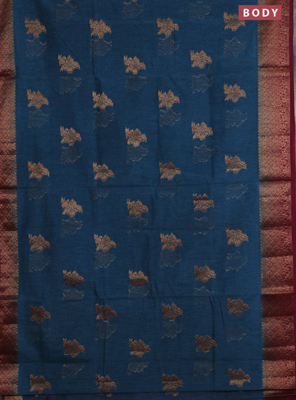 Banarasi semi matka saree peacock blue and dark magenta with thread & zari woven buttas and banarasi style border