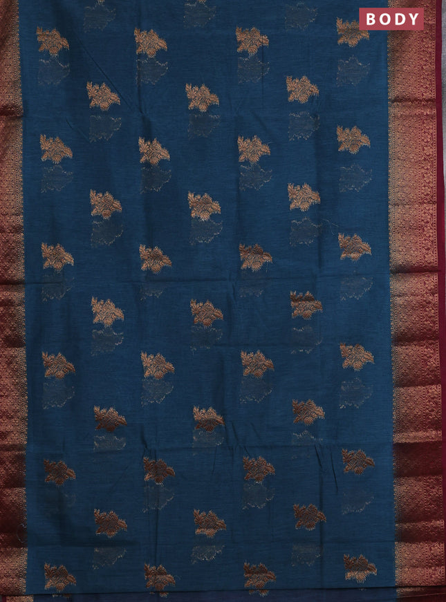 Banarasi semi matka saree peacock blue and dark magenta with thread & zari woven buttas and banarasi style border