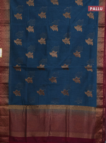 Banarasi semi matka saree peacock blue and dark magenta with thread & zari woven buttas and banarasi style border
