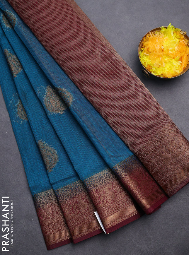 Banarasi semi matka saree teal blue and wine shade with thread & zari woven buttas and banarasi style border