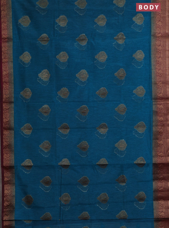 Banarasi semi matka saree teal blue and wine shade with thread & zari woven buttas and banarasi style border