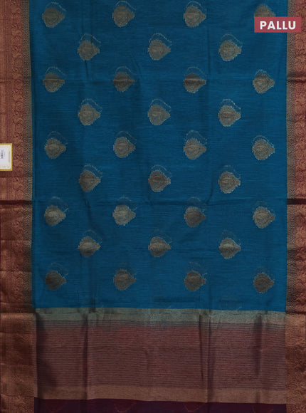 Banarasi semi matka saree teal blue and wine shade with thread & zari woven buttas and banarasi style border