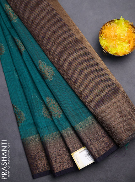 Banarasi semi matka saree teal green and navy blue with thread & zari woven buttas and banarasi style border