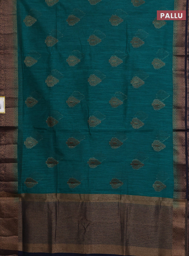 Banarasi semi matka saree teal green and navy blue with thread & zari woven buttas and banarasi style border