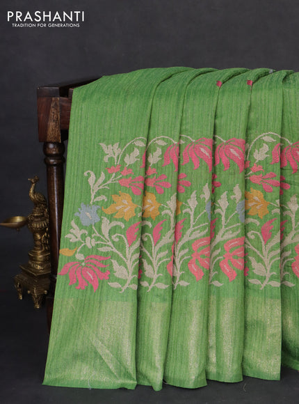 Matka tussar saree green with embroidery buttas and embroidery pallu & zari border