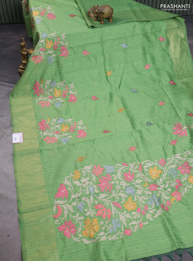 Matka tussar saree green with embroidery buttas and embroidery pallu & zari border