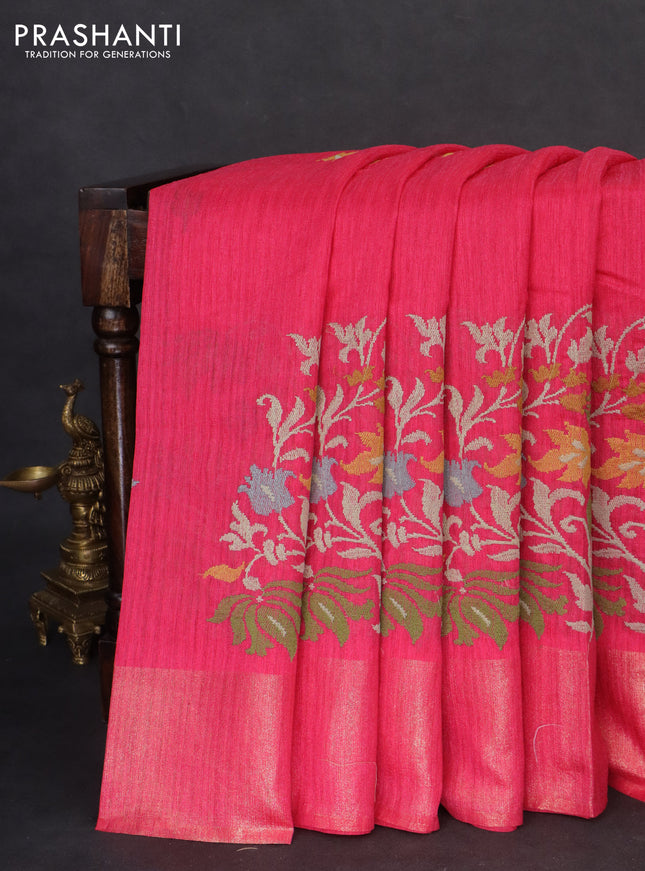 Matka tussar saree pink with embroidery buttas and embroidery pallu & zari border